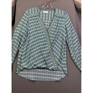 Max Studio Teal Floral Medallion Surplice Wrap V-Neck Blouse Long Sleeve Small